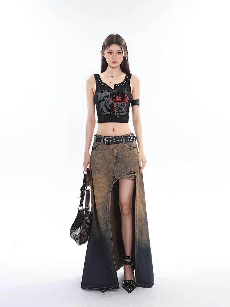Lienna Denim Gradient Low Waist Asymmetrical Cut-Out Side Slit Long Jeans Skirt