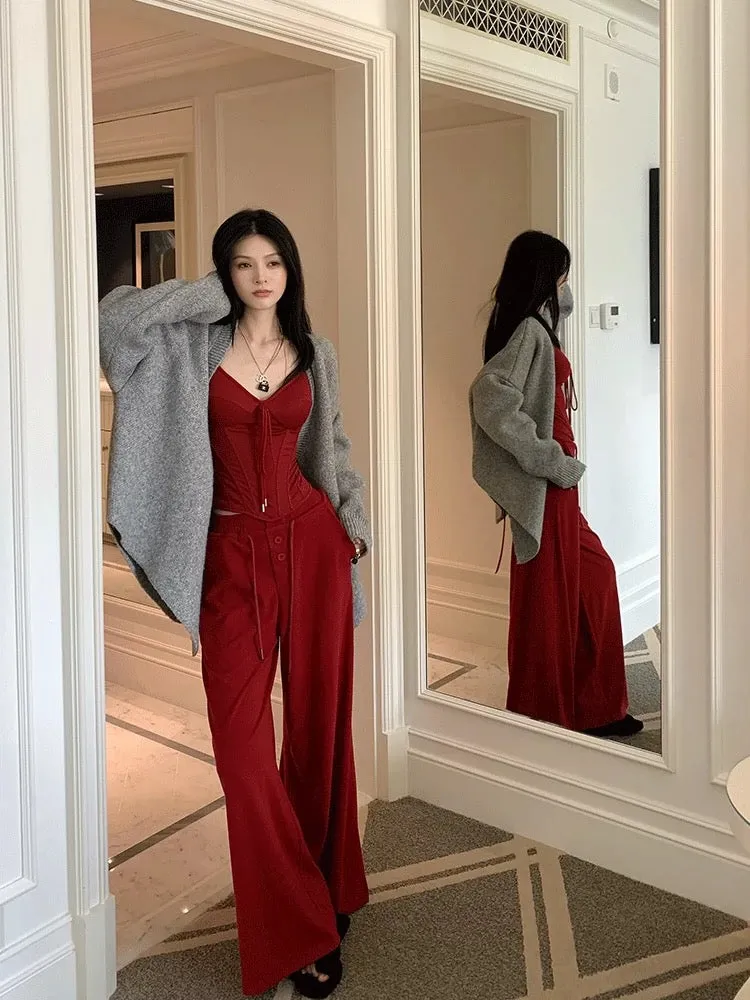 Lienni 2024 new autumn bra short versatile top women's knitted high-waist loose slim trousers suit