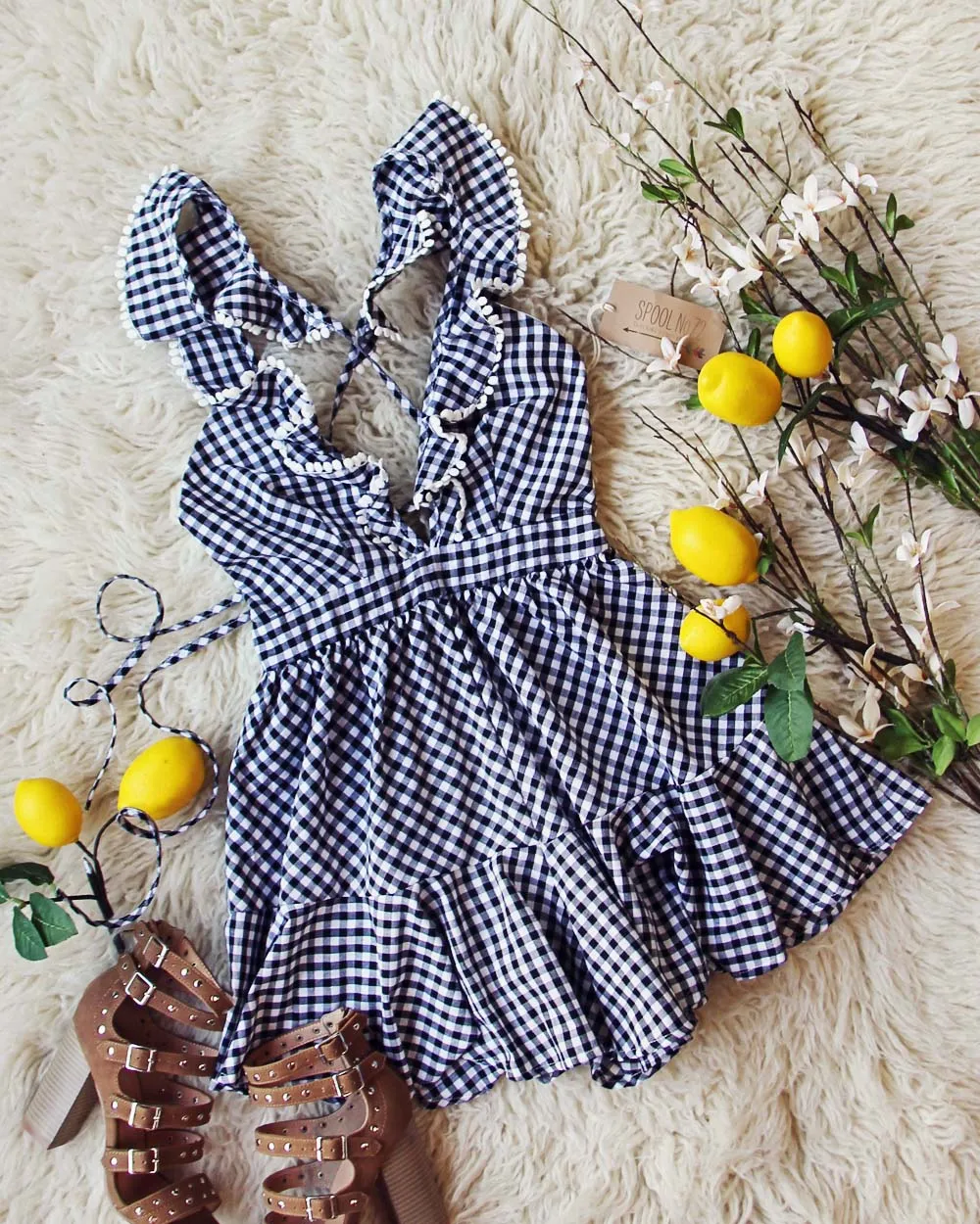 Limone & Gingham Ruffle Romper in Black