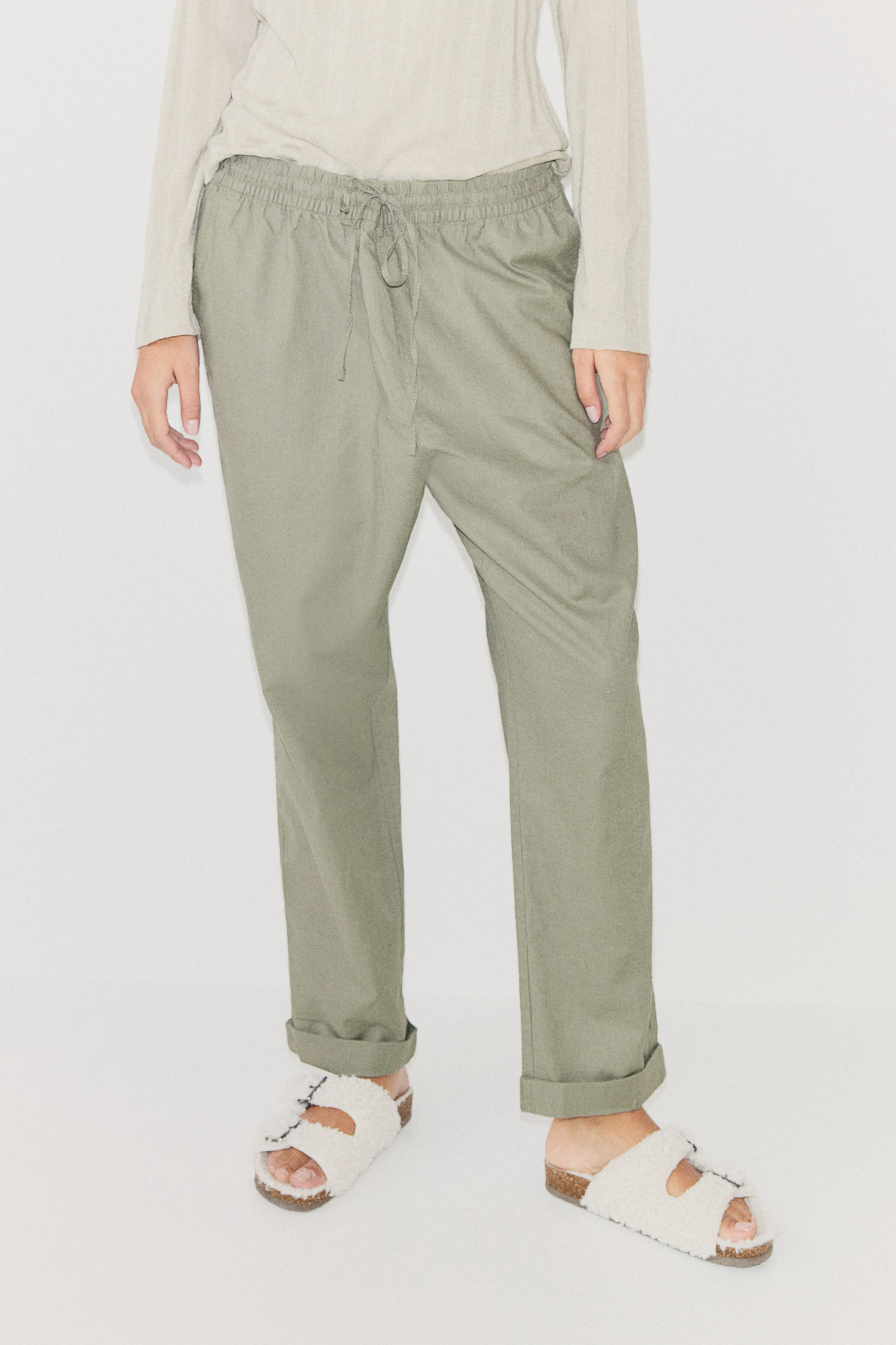 Linen-blend joggers - Regular waist - Long - Khaki green - Ladies | H&M GB
