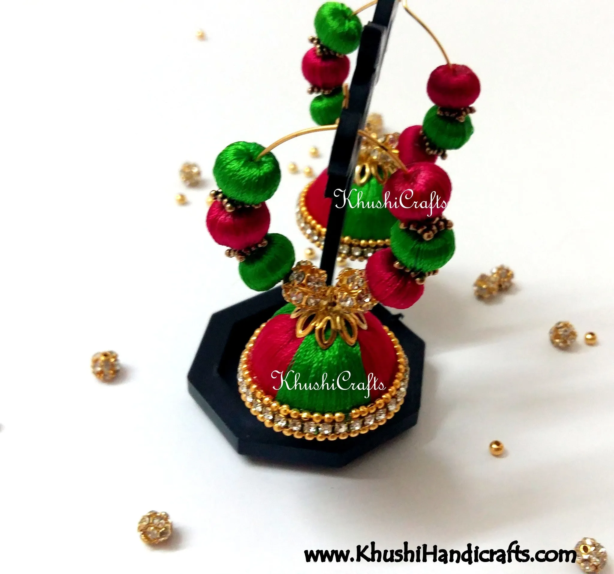 Magenta Green hooped Silk Jhumkas