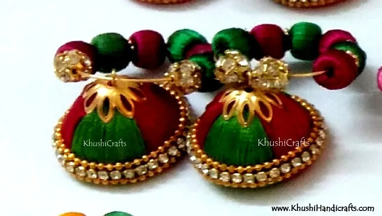 Magenta Green hooped Silk Jhumkas