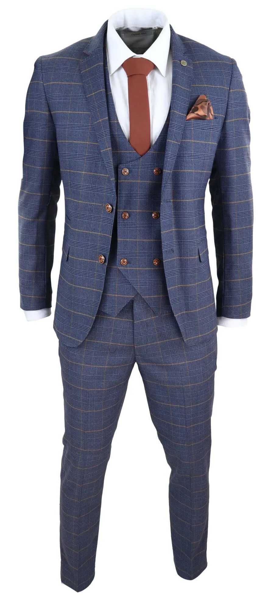Men's Blue Check Suit with Double Breasted Waistcoat