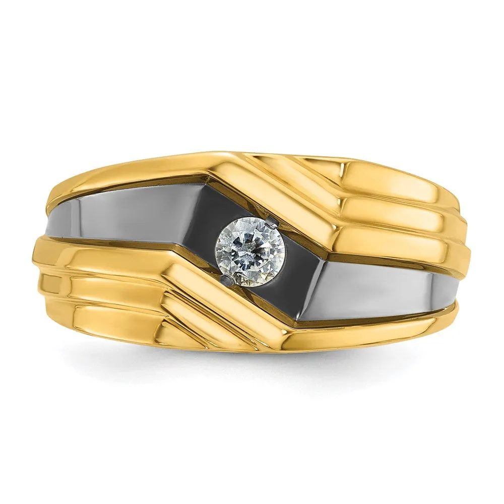 Mens 10.25mm 10K Yellow Gold Black Rhodium 1/6 Ct Diamond Tapered Band