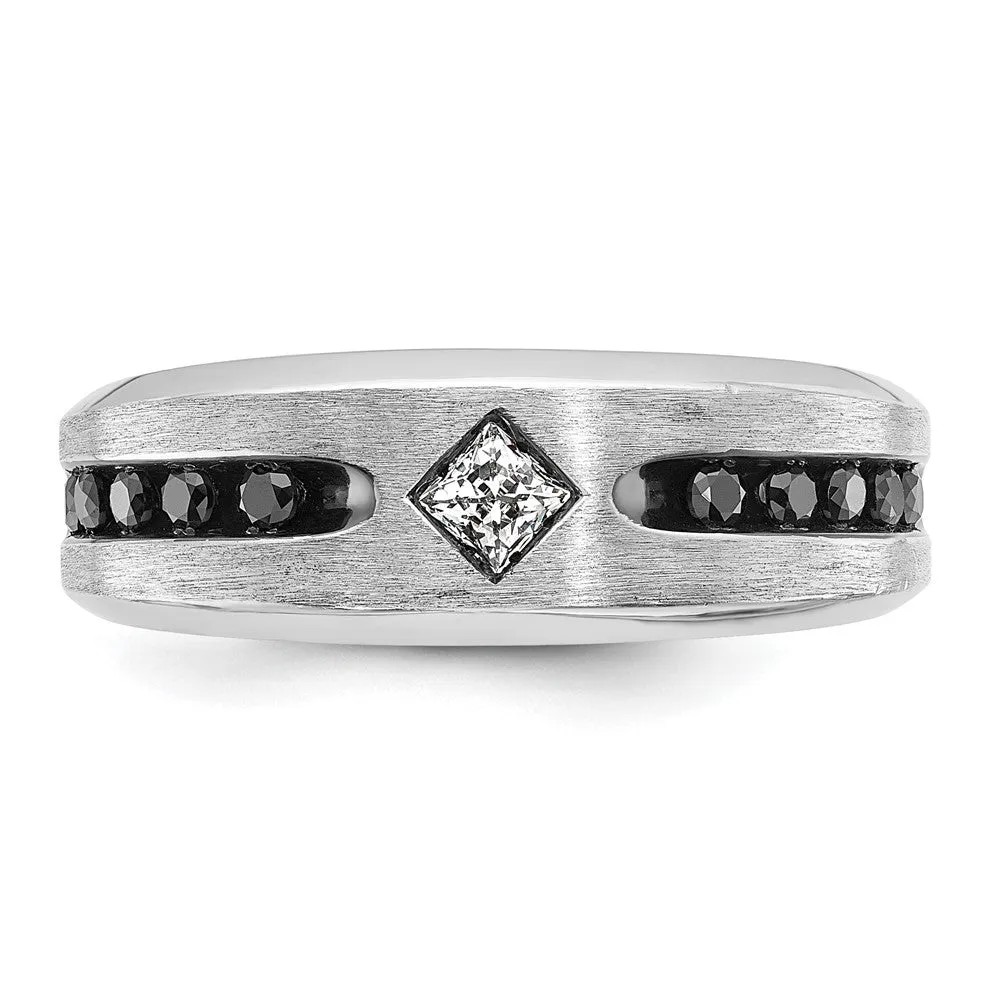 Mens 8mm 14K White Gold Black Rhodium Black/White Diamond Tapered Band