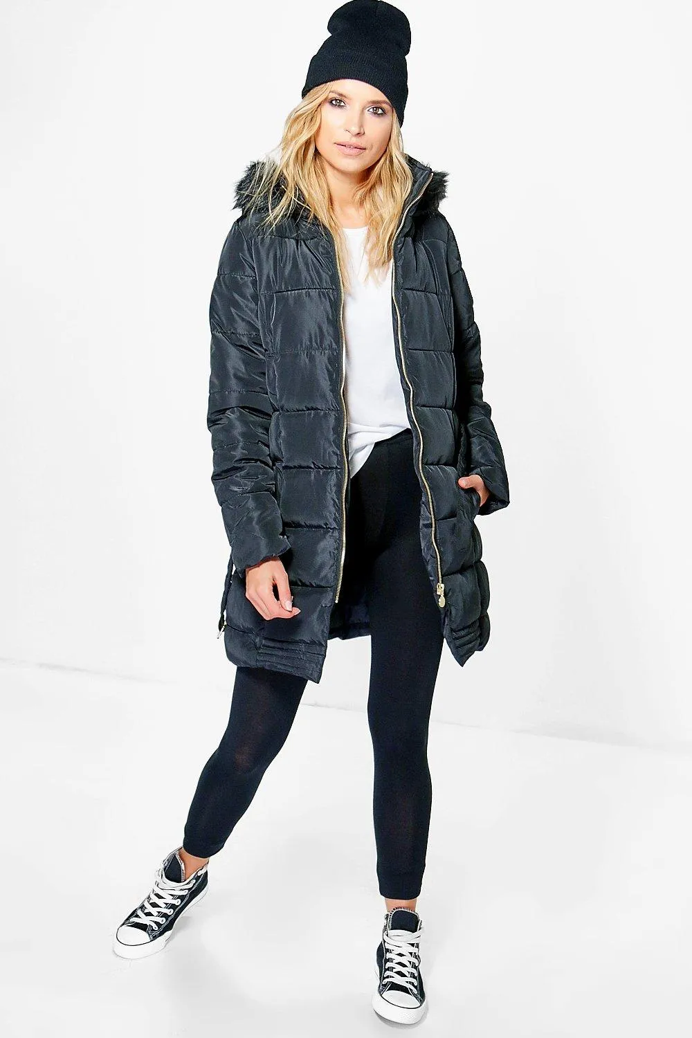 Mia Quilted Belted Coat With Faux Fur Hood