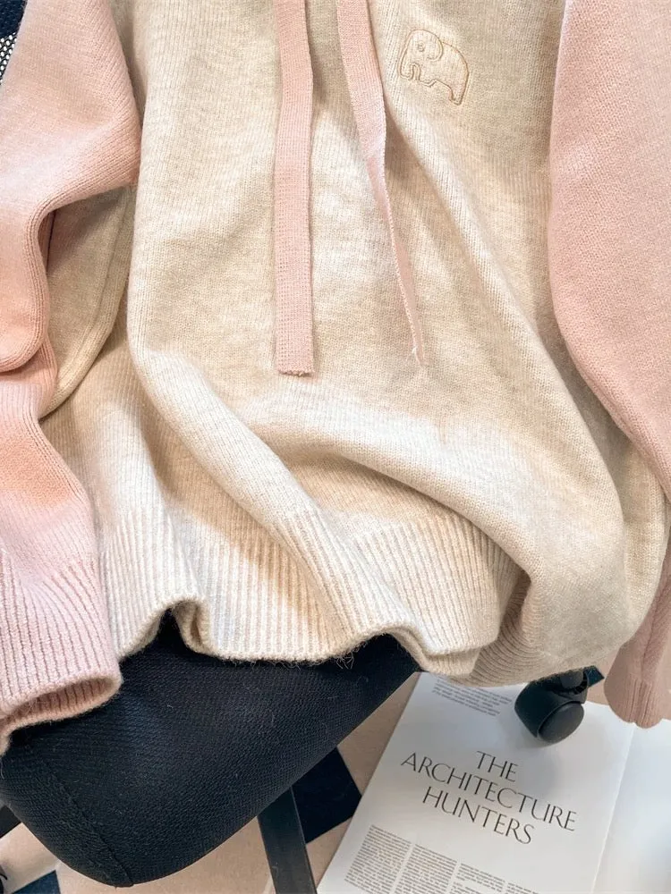 Milky fufu gentle soft and sticky contrast hooded sweater for men and women winter thickened sweet lazy style knitted sweater ja