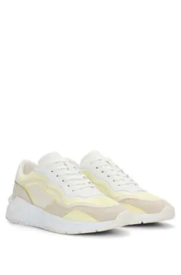 Mixed-material lace-up trainers with embroidered mesh