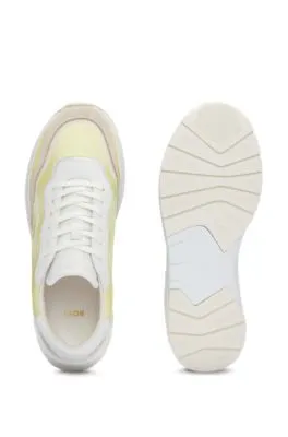 Mixed-material lace-up trainers with embroidered mesh
