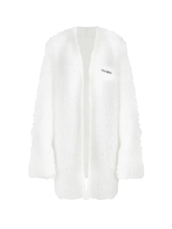 Mohair-Knit Fluffily Plain No-Button Long-Cardigan