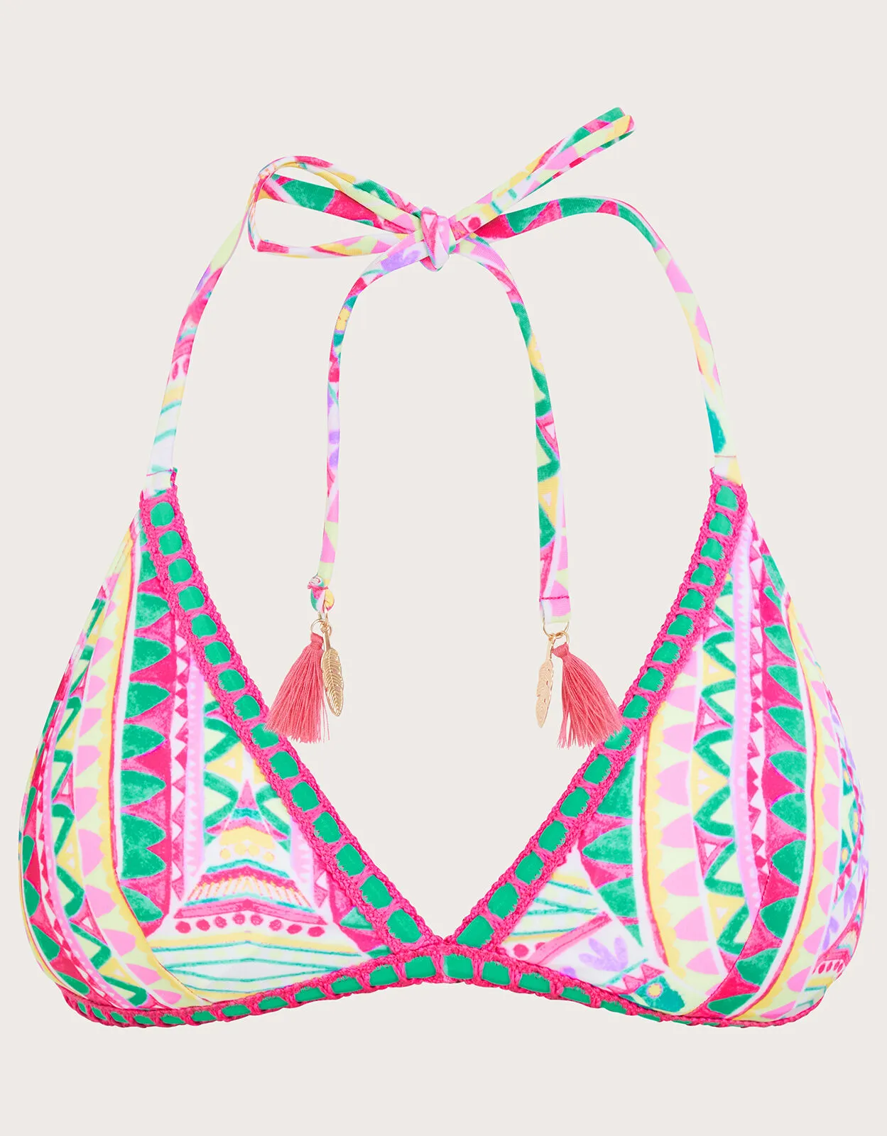 Mosaic Print Crochet Trim Bikini Top Pink