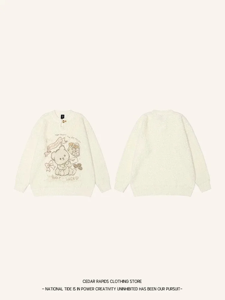 Natural bear round neck sweater for women in spring, autumn and winter soft and cute knitted versatile pullover top for little p