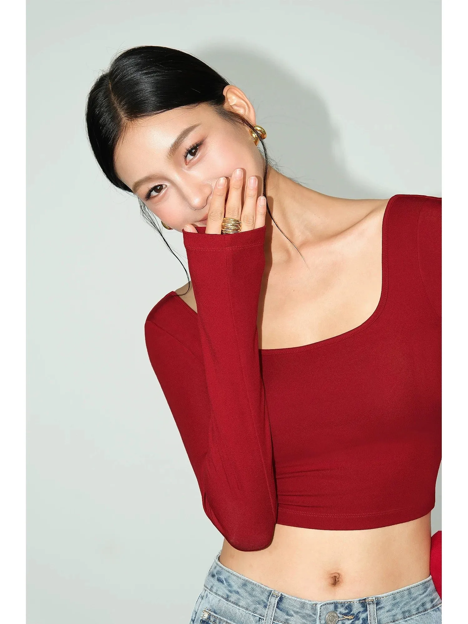 NEVA HU Square Neck Backless Padded Top Women's Autumn Slim Fit Bottoming Top Short Knitted Sweater