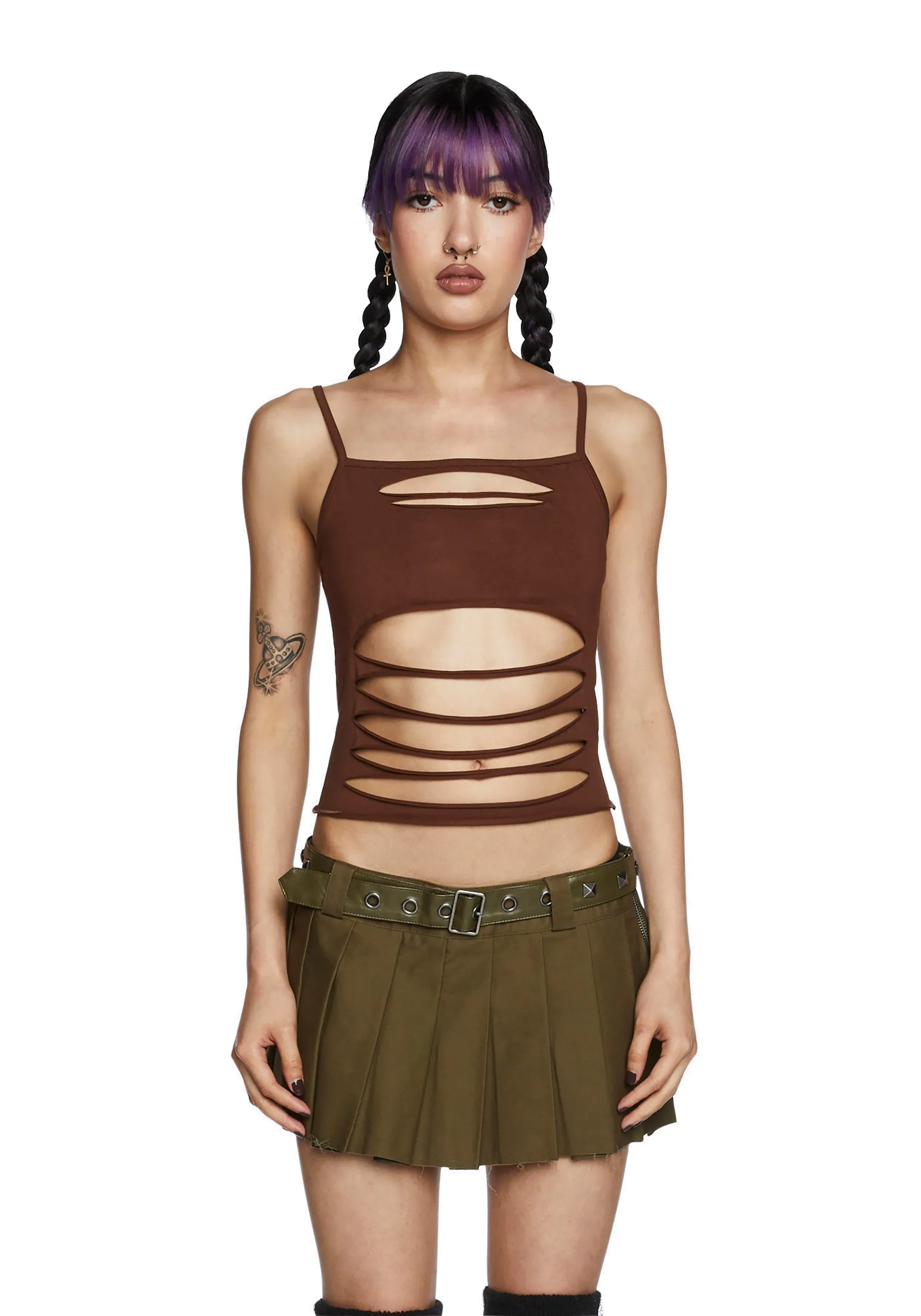 Never Conform Slashed Tank - Brown-