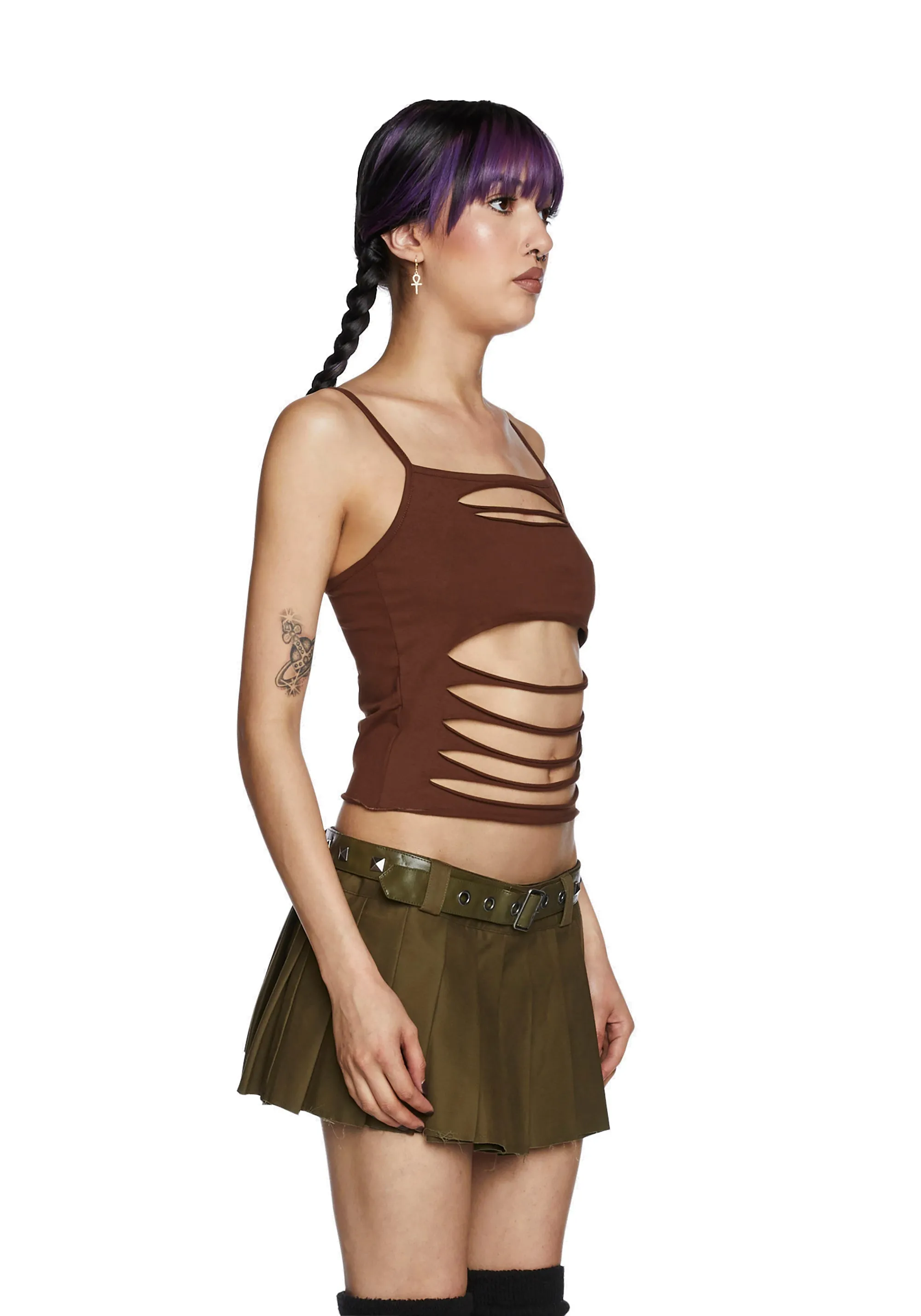 Never Conform Slashed Tank - Brown-