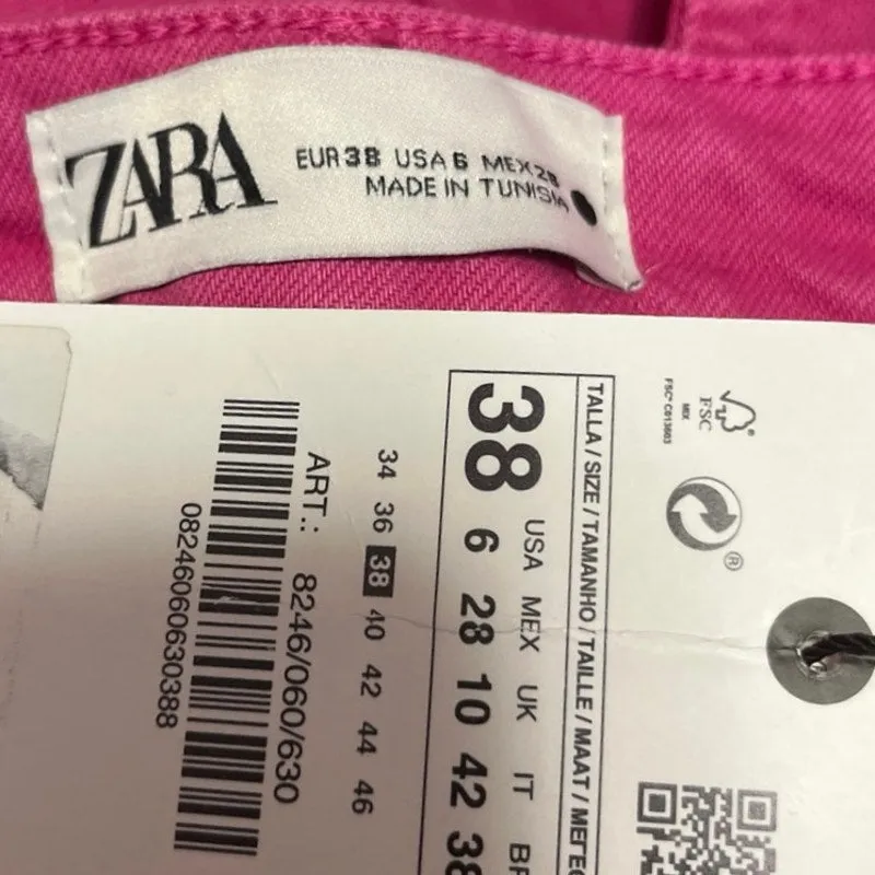 NEW Zara Sailor Flare Fuchsia Pink High Waist Frayed Crop Denim Jeans Pants Sz 6