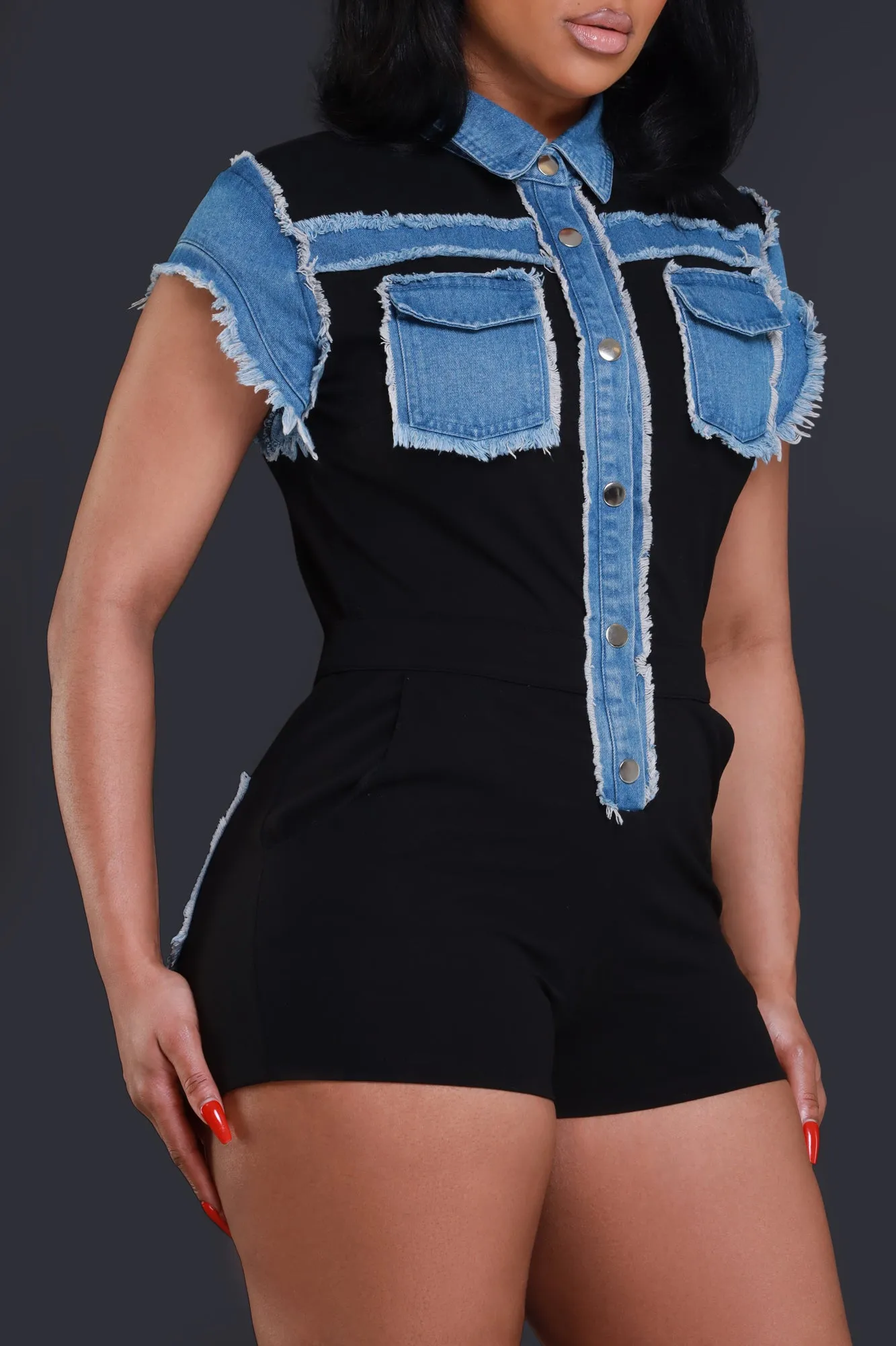 No Wait Contrast Denim Romper - Black/Blue