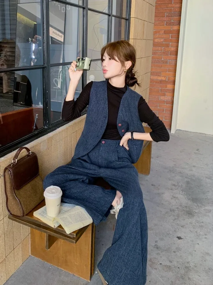 Old money style high-end vest suit for women in early autumn 2024 new Korean style commuting wide-leg pants two-piece suit