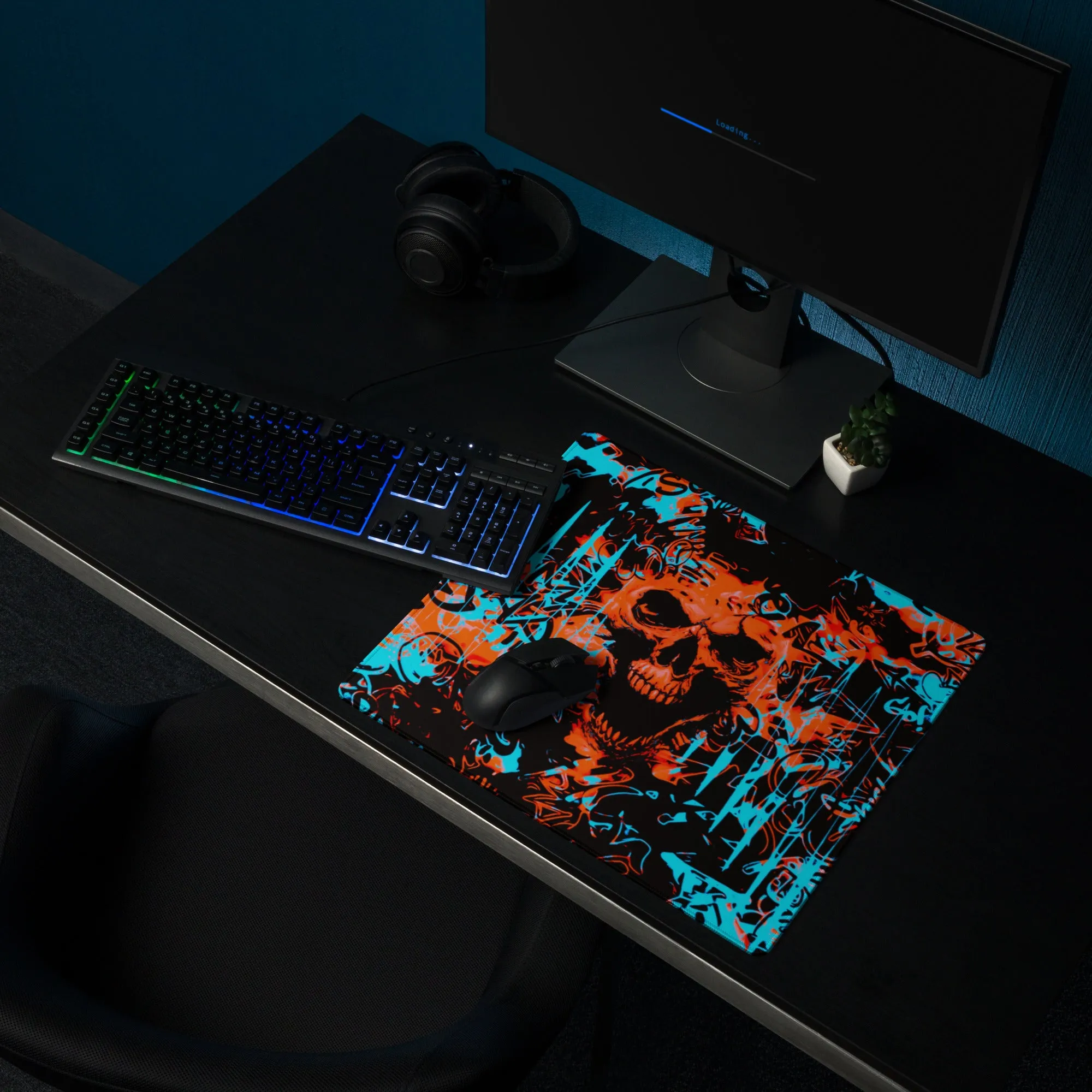 Orange and Blue Alternative Skull Graffiti Gaming Mouse Pad