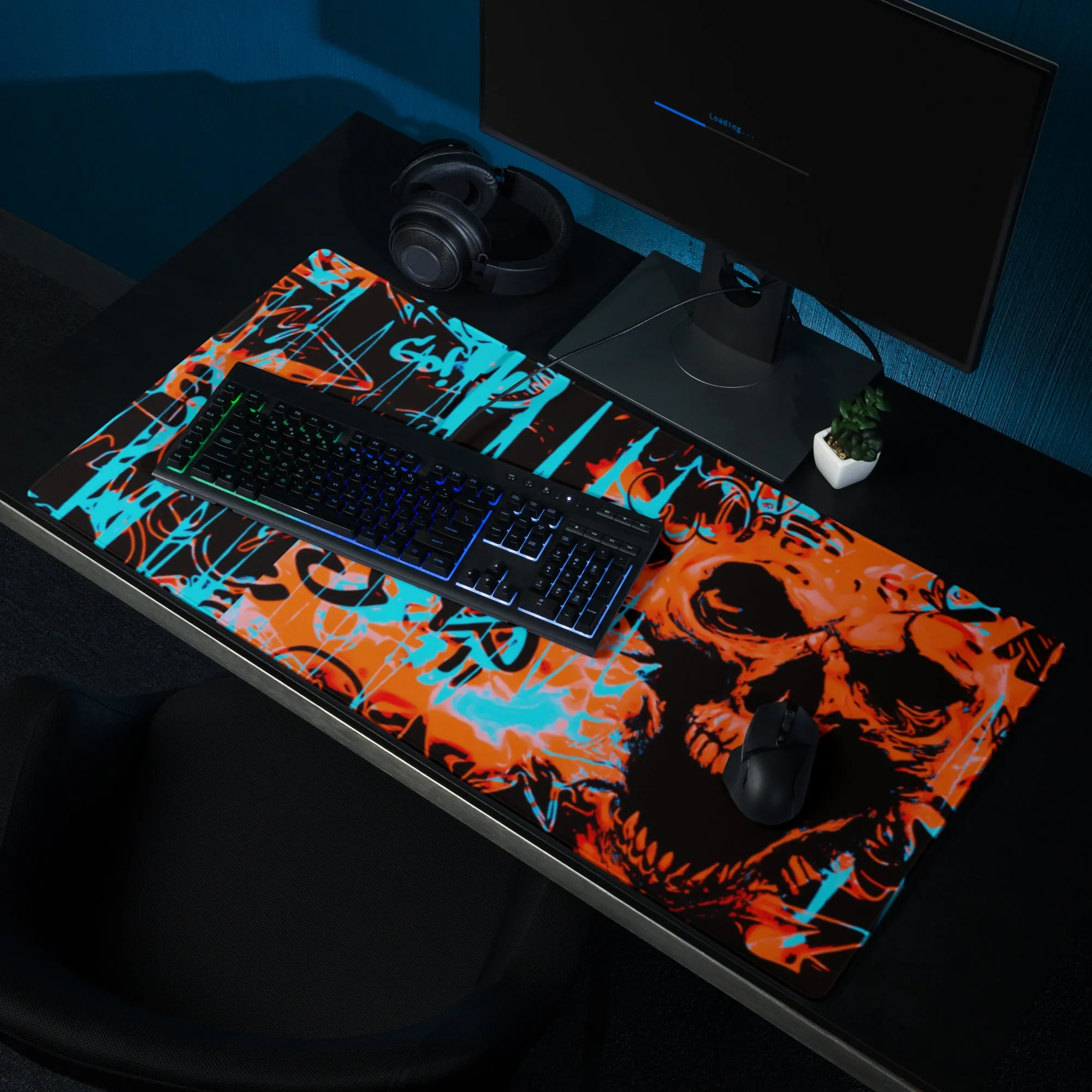 Orange and Blue Alternative Skull Graffiti Gaming Mouse Pad