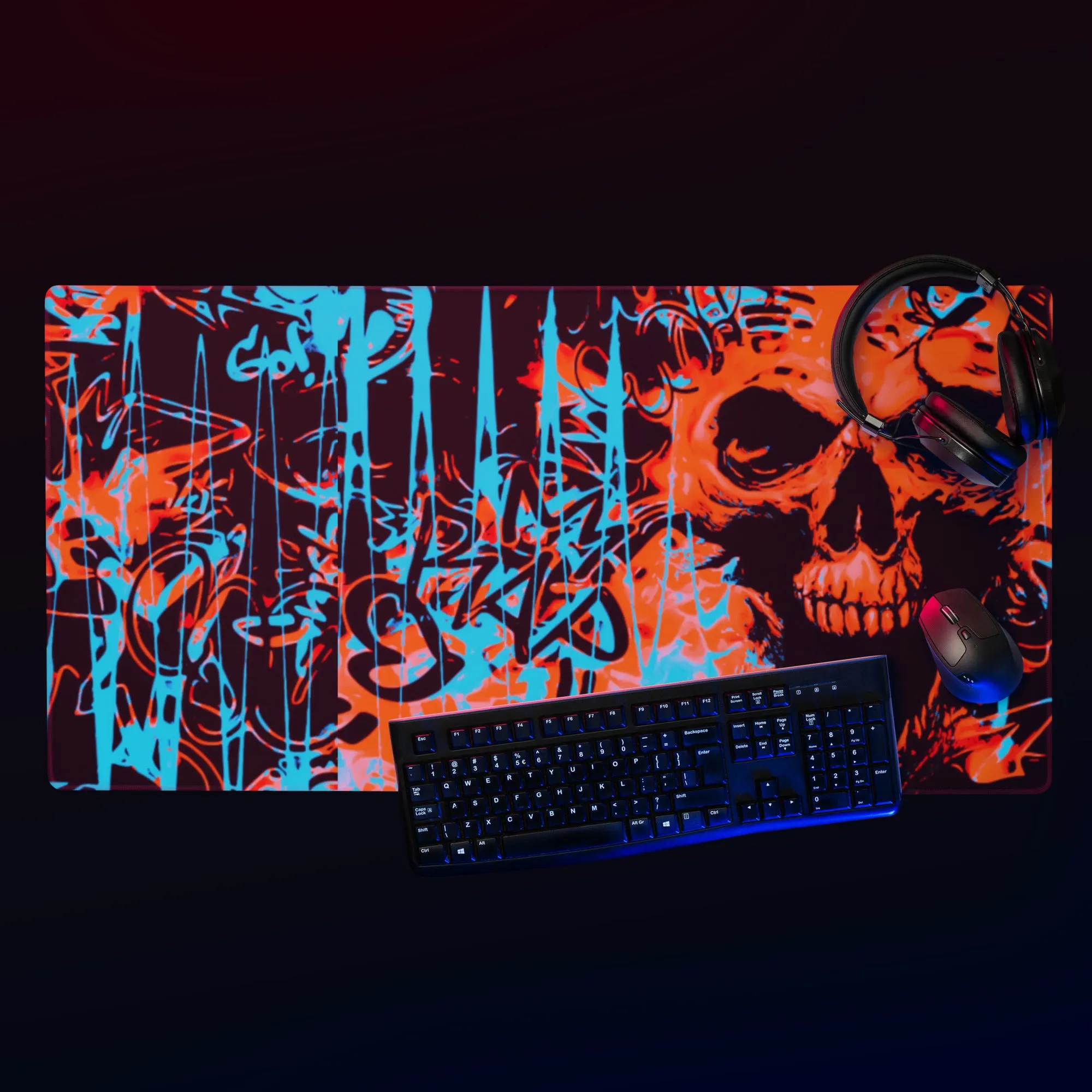 Orange and Blue Alternative Skull Graffiti Gaming Mouse Pad