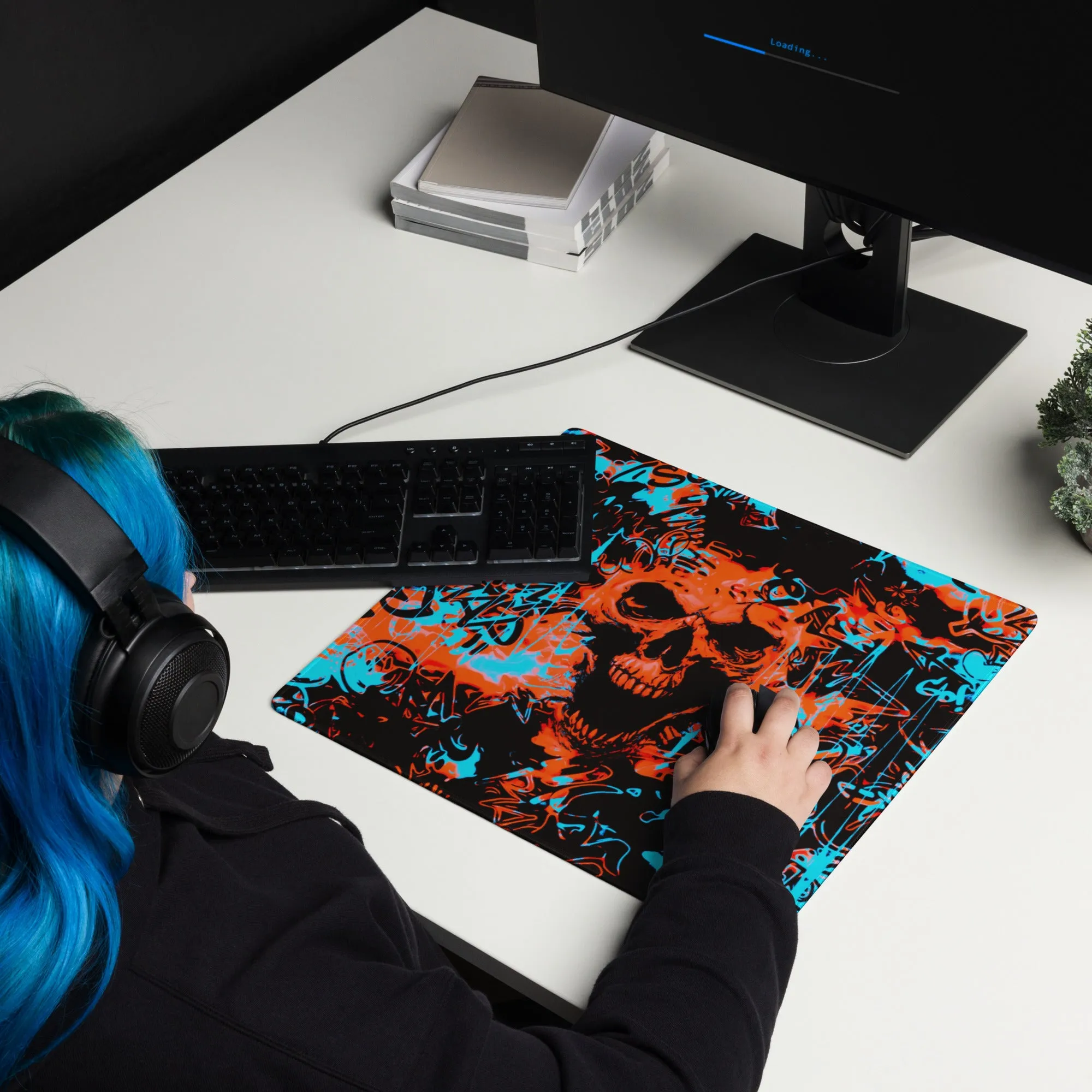 Orange and Blue Alternative Skull Graffiti Gaming Mouse Pad