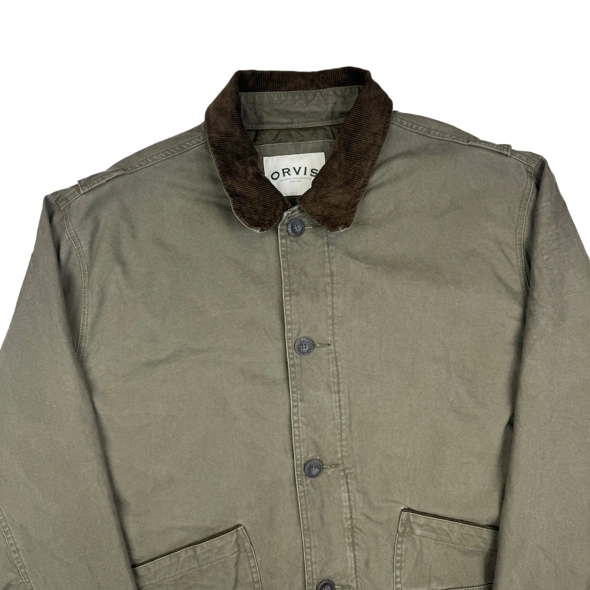 Orvis Quilted Lined Button-Up Chore Workwear Jacket Olive Green