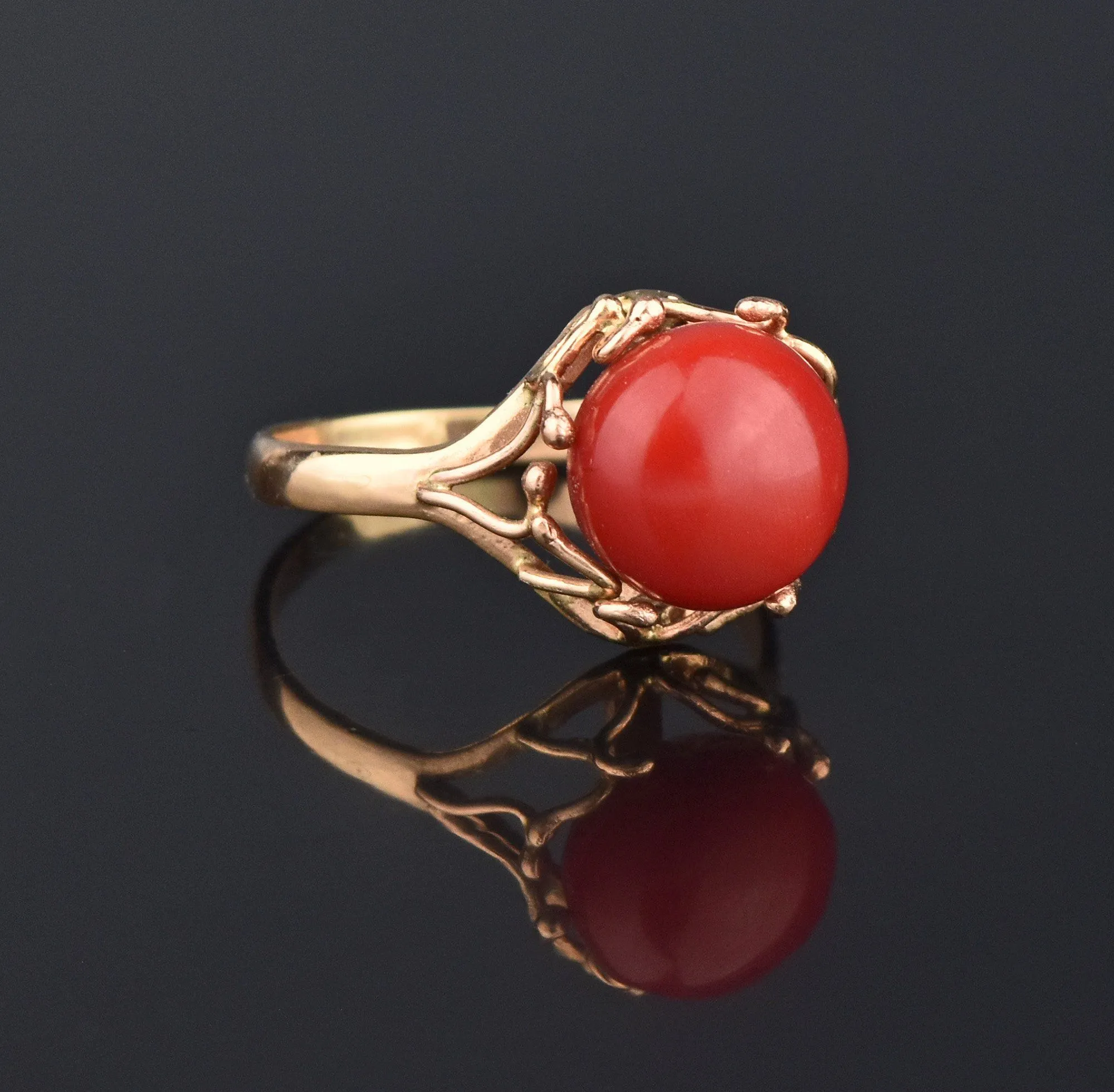 Oxblood Red Coral Retro Arts & Crafts 14K Gold Ring