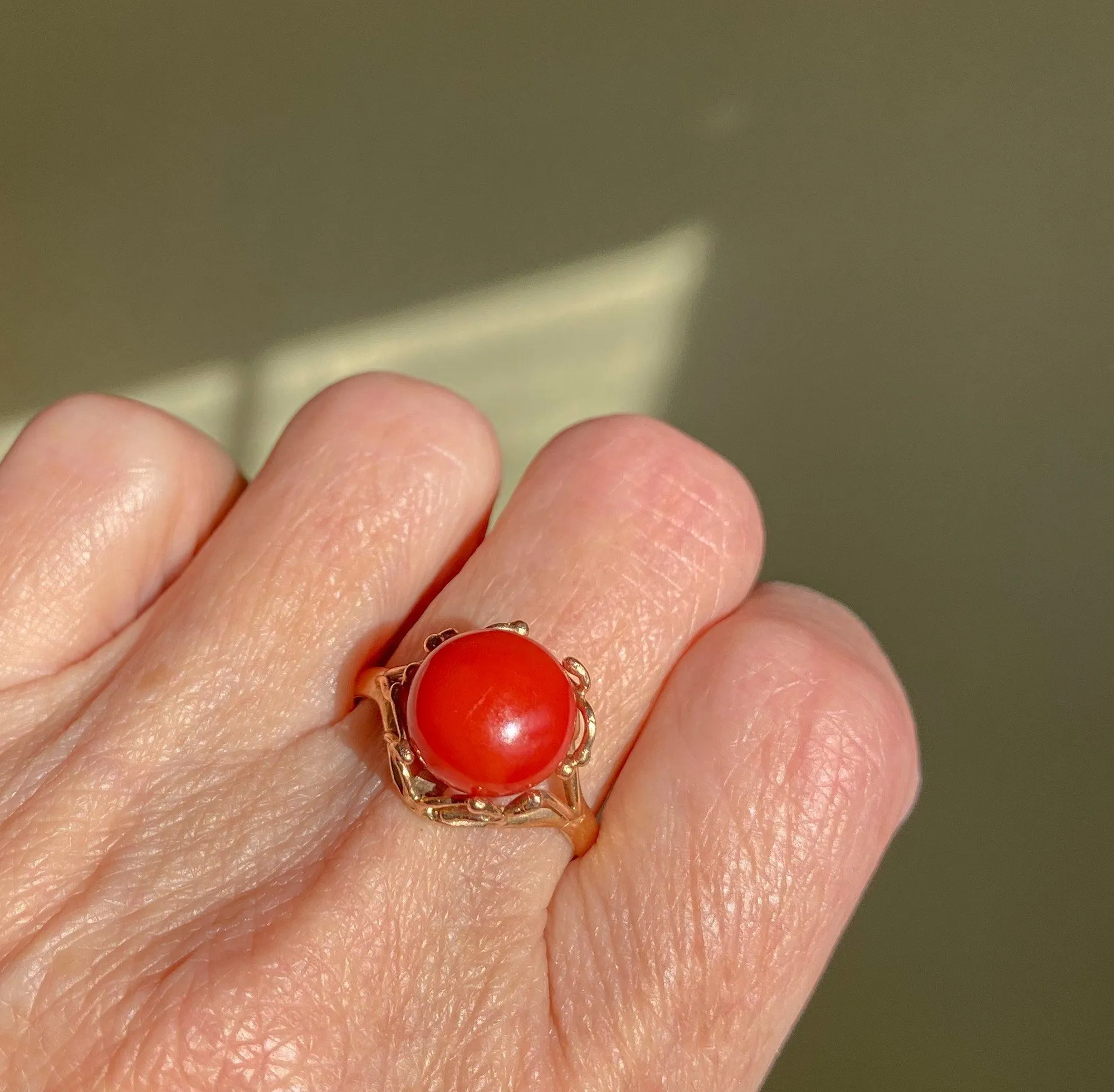 Oxblood Red Coral Retro Arts & Crafts 14K Gold Ring