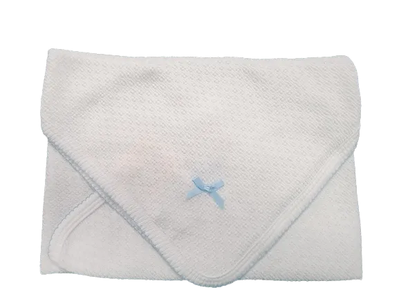 Paty Receiving Blanket w/Bow - White w/Blue Trim