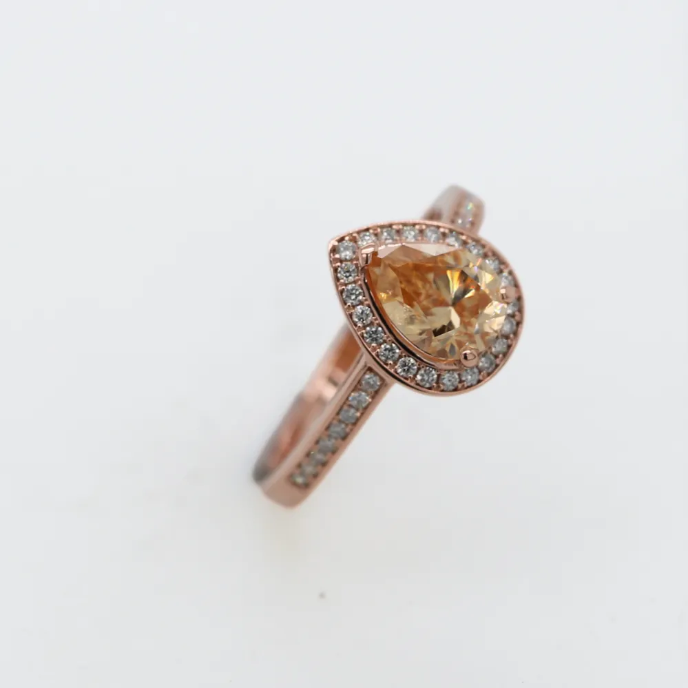 Pear Halo - Yellow/Champagne Moissanite - Rose Gold - Ready to Ship