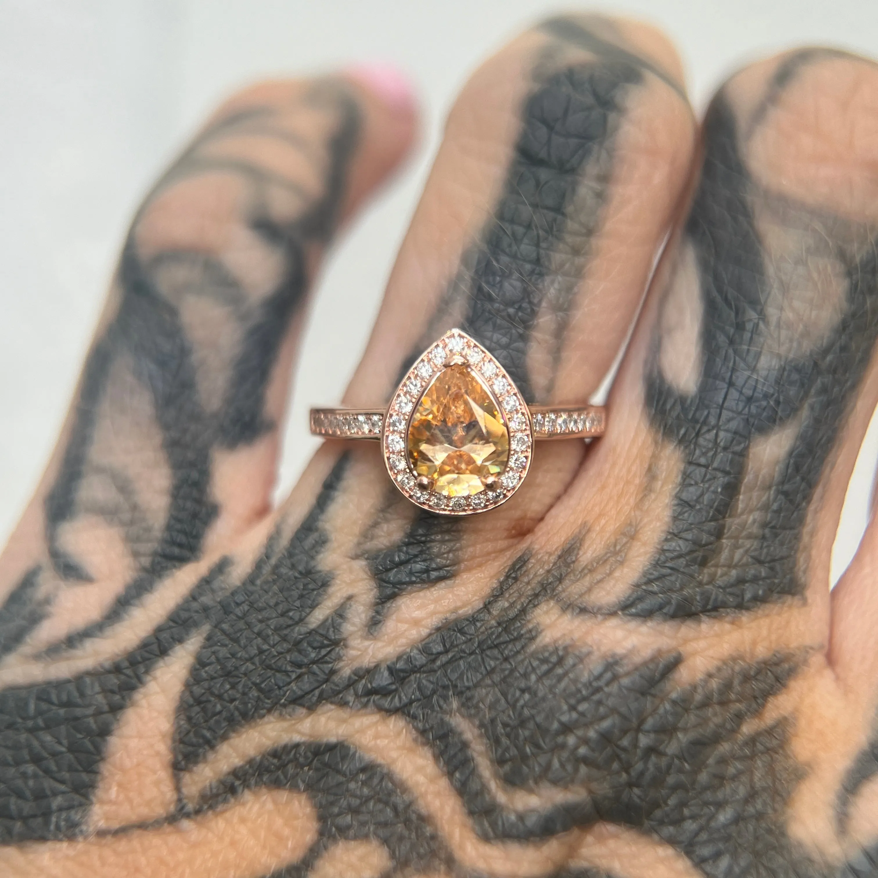 Pear Halo - Yellow/Champagne Moissanite - Rose Gold - Ready to Ship