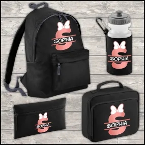 Personalised 12 Litre Backpack - Water Bottle - Lunch Bag - Pencil Case - Back To School - Name, Initial Bow in Rose Gold Print
