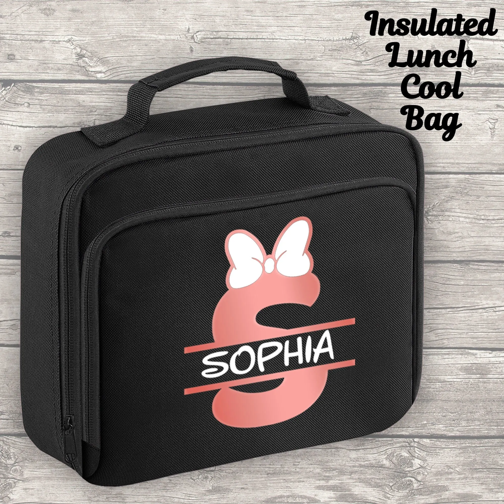 Personalised 9 Litre Backpack - Water Bottle - Lunch Bag - Pencil Case - Back To School - Name, Initial Bow in Rose Gold Print