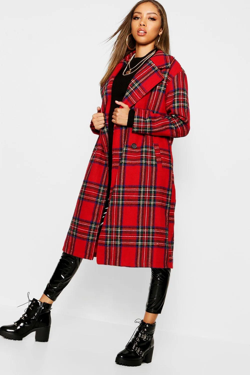 Plaid Check Oversize Wool Look Coat