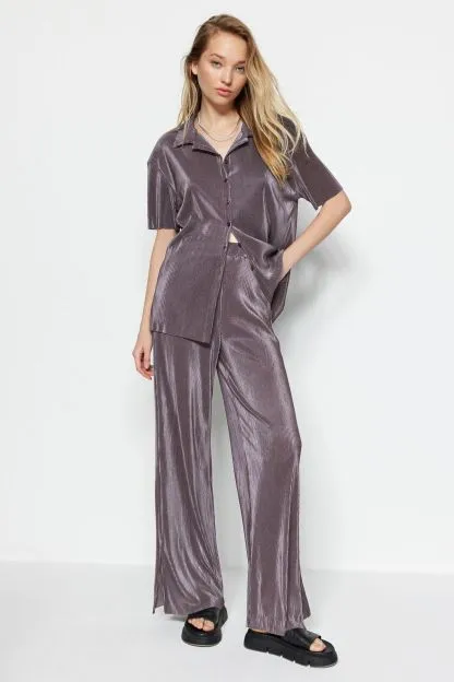 Pleated Wide-Cut Shirt and Trousers Knitted Top and Bottom Set