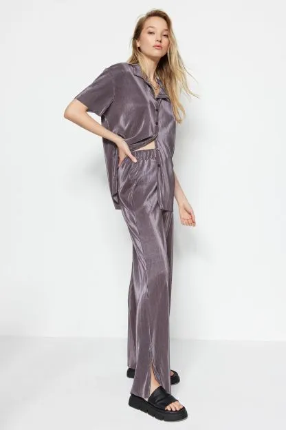 Pleated Wide-Cut Shirt and Trousers Knitted Top and Bottom Set