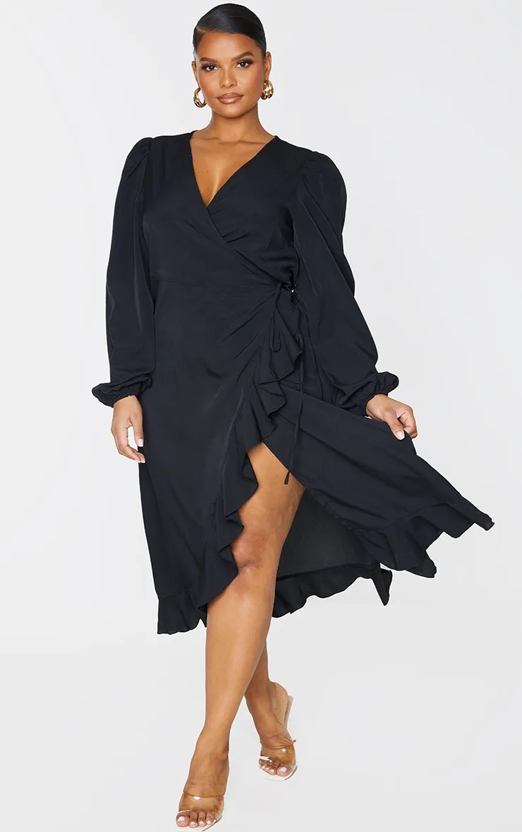 Plus Black Ruffle Wrap Front Midi Dress
