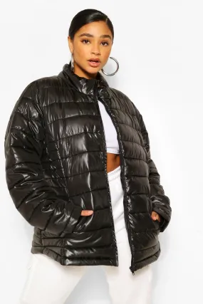 Plus High Shine Funnel Neck Puffer Coat