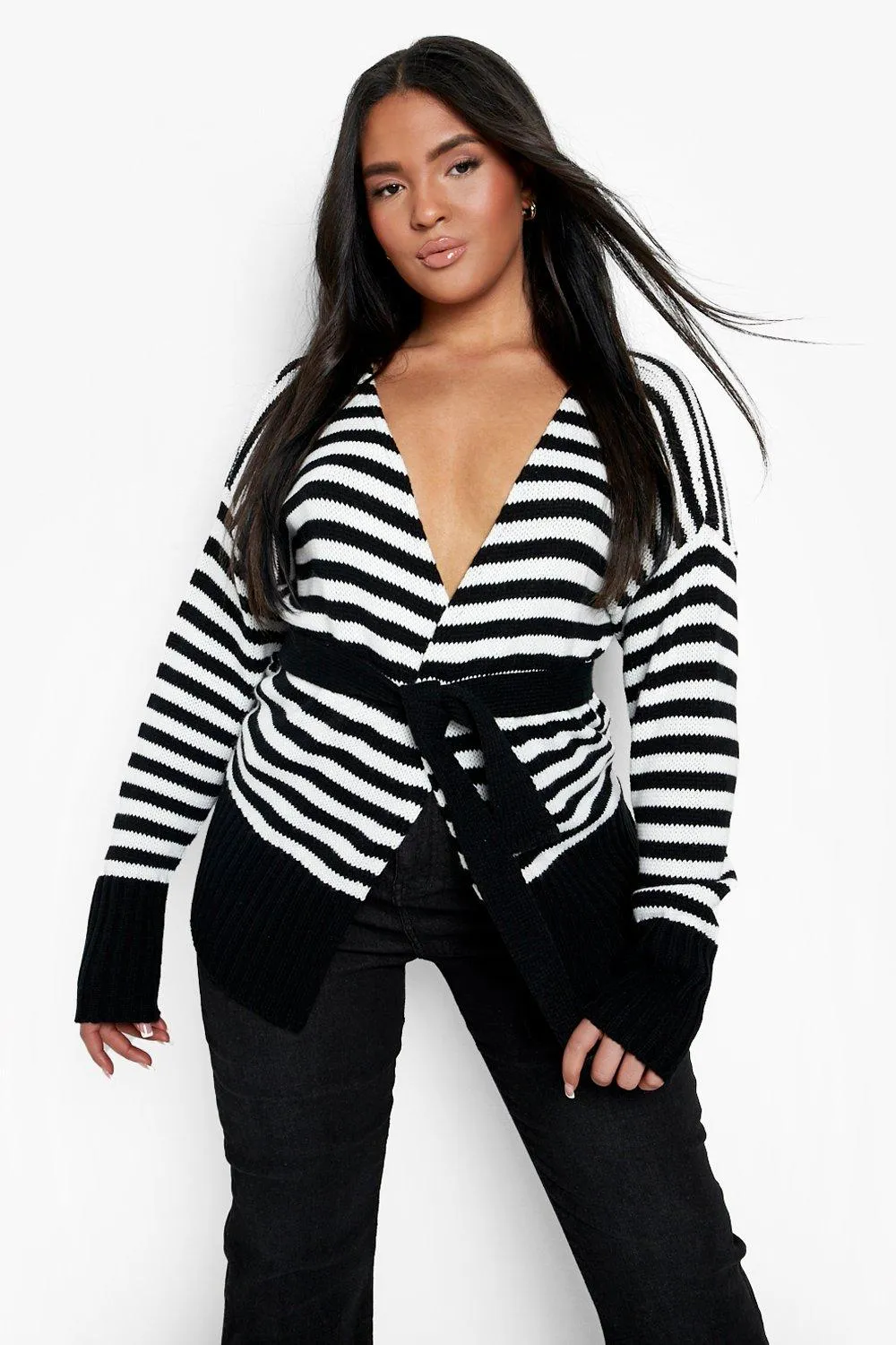 Plus Knitted Stripe Belted Cardigan