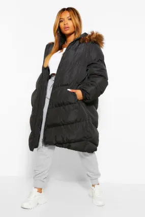 Plus Maxi Padded Puffer Coat With Faux Fur Hood