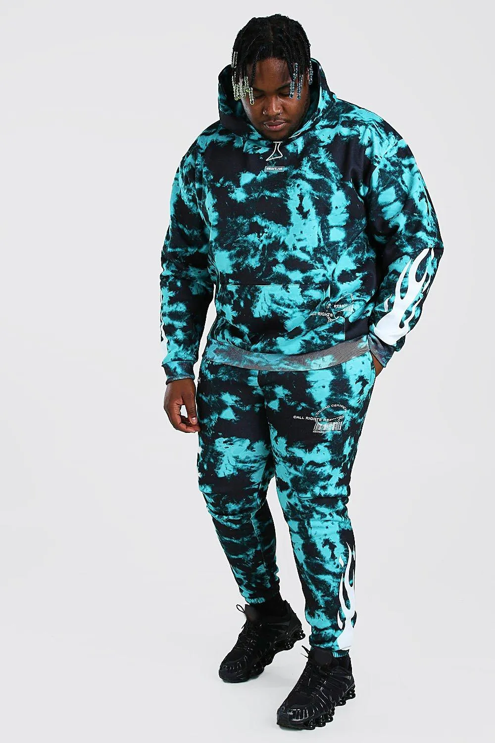 Plus Size Tie Dye Flame Print Tracksuit | boohooMAN UK