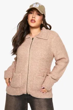 Plus Soft Knit Boucle Zip Through Collared Cardigan
