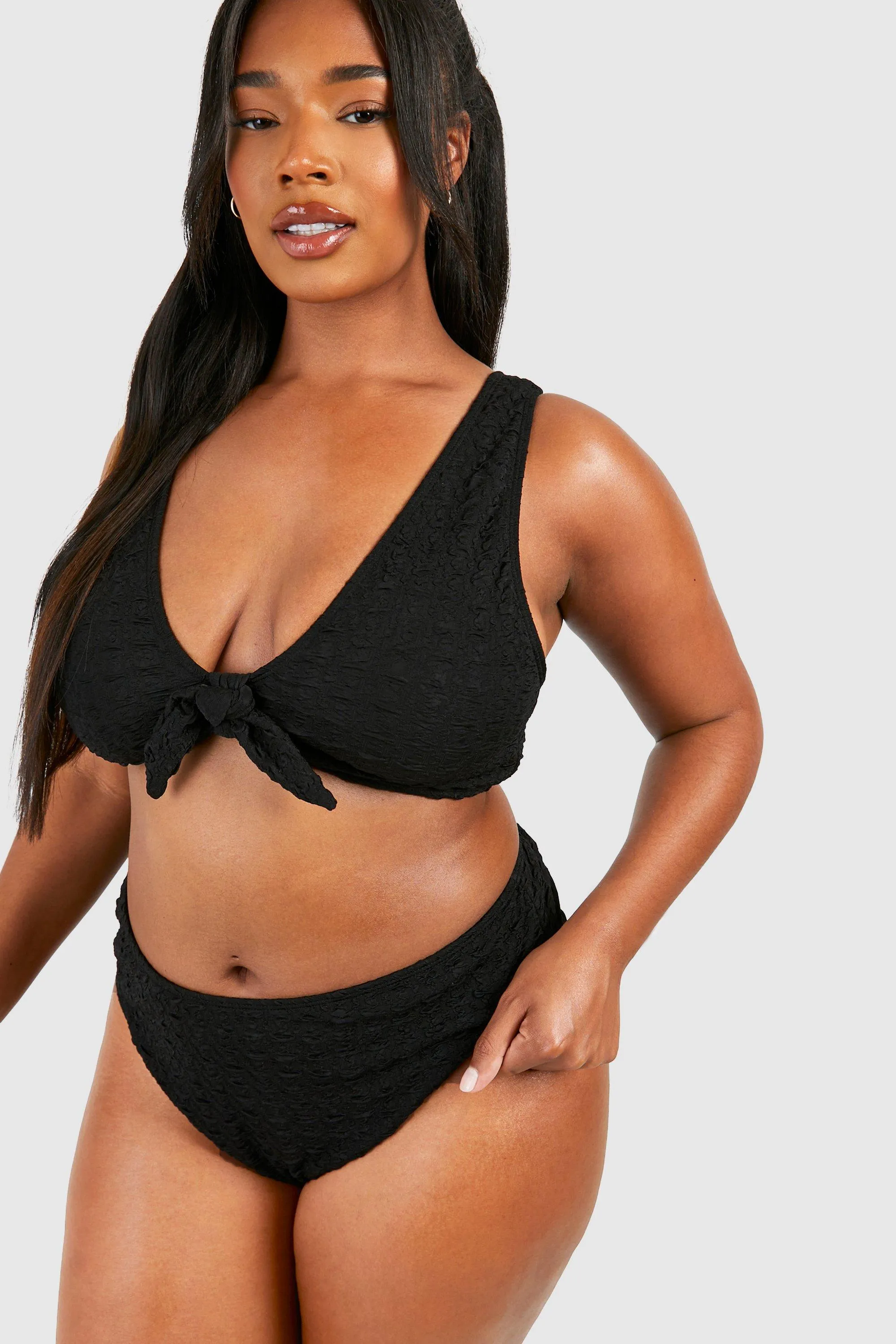 Plus Textured Knot Front Bikini Top