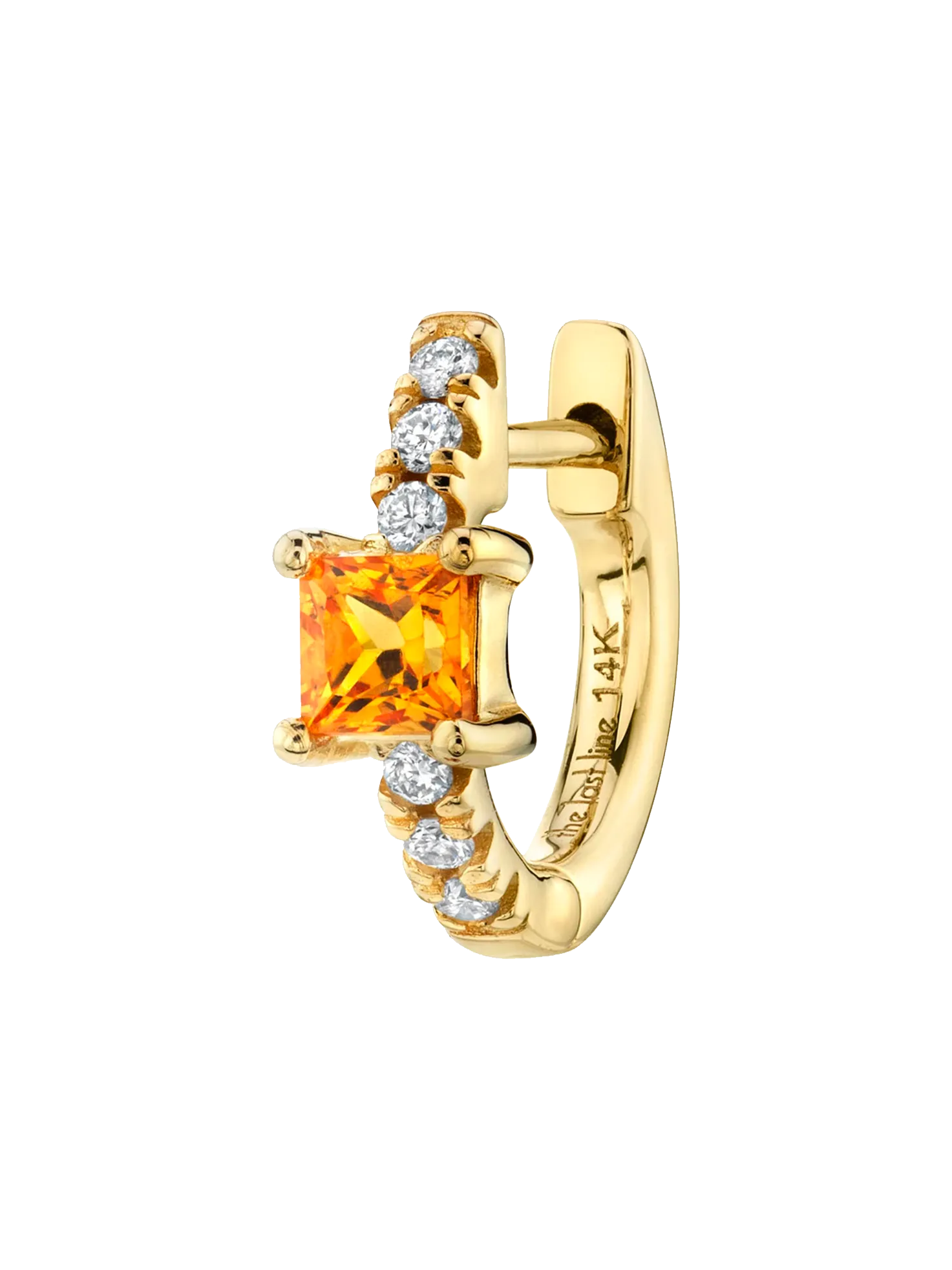 Princess Solitaire Pavé Huggie - White Diamond and Orange Sapphire / 14k Yellow Gold