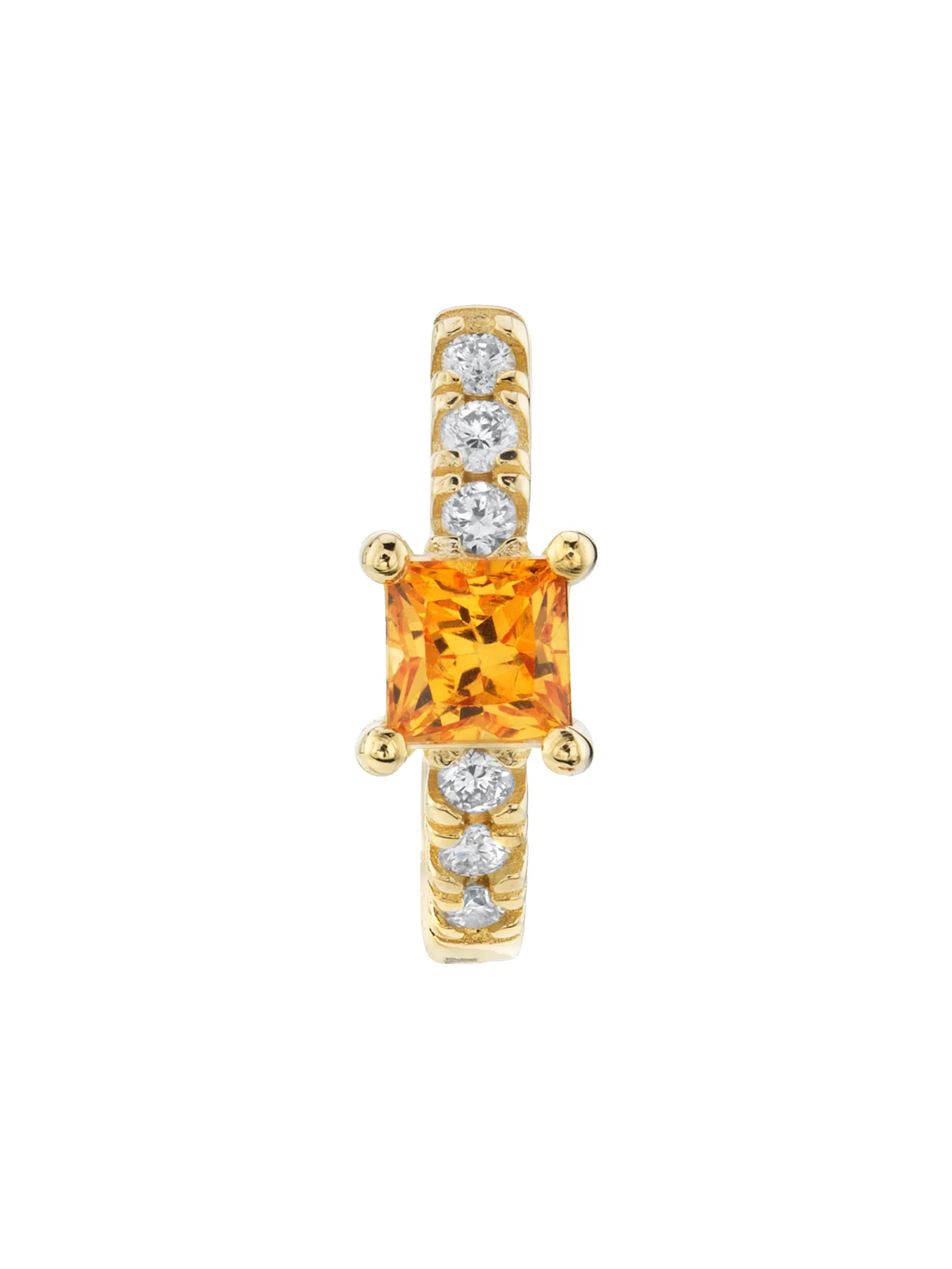 Princess Solitaire Pavé Huggie - White Diamond and Orange Sapphire / 14k Yellow Gold