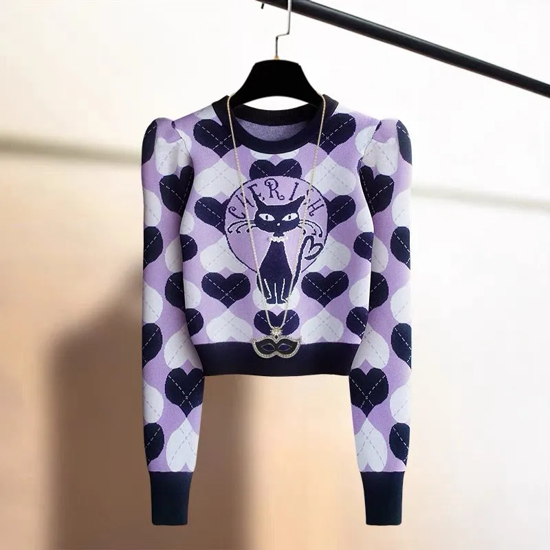 Puff sleeves high-end cat embroidered high-waist pullover sweater for women autumn and winter warm base knitted sweater outer to