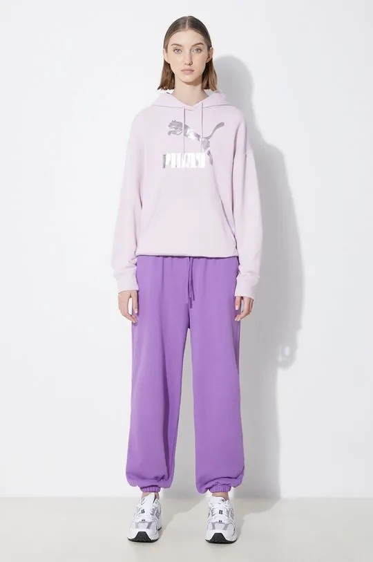 Puma sweatshirt CLASSICS Shiny Logo Hoodie women's violet color hooded with a print 625595