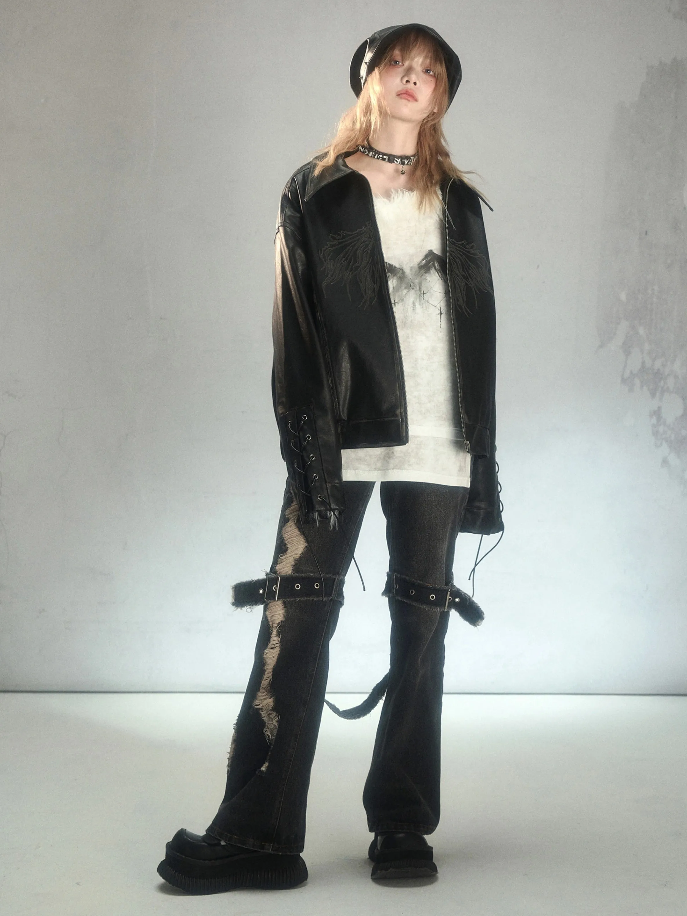 Punk Raw Edge Ripped Holes Flared Denim Trousers