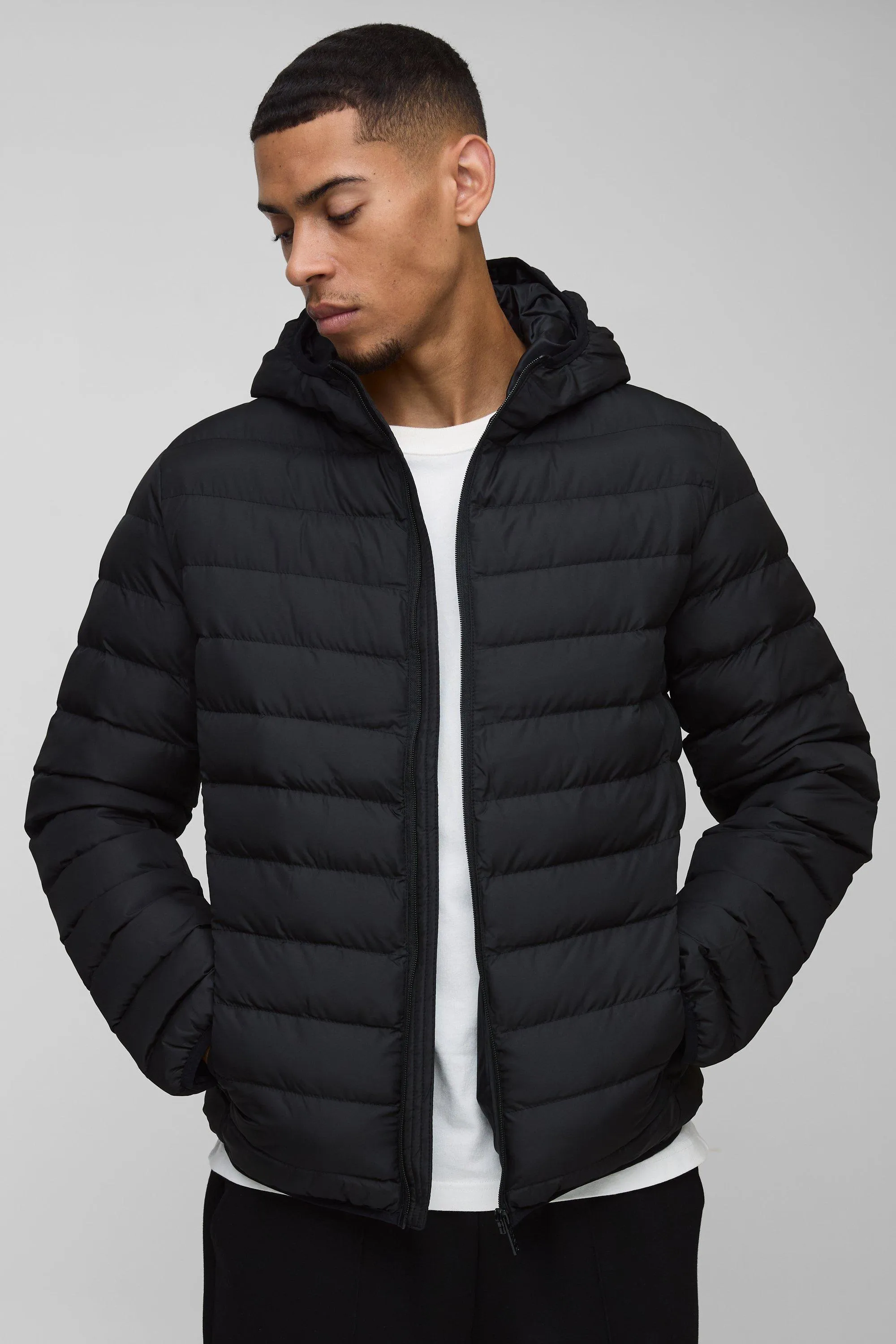 Quilted Zip Through Hooded Jacket In Black